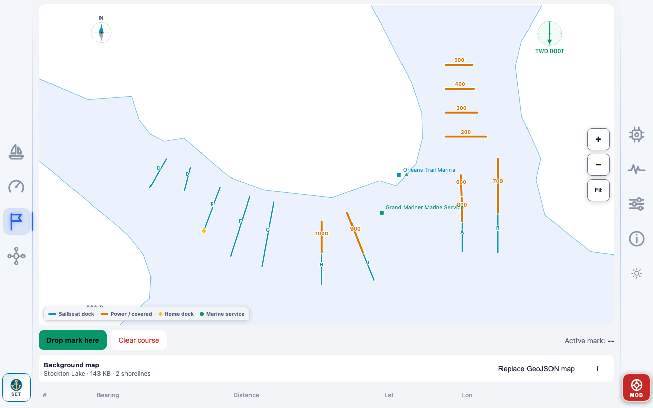Stockton Lake course map showing shorelines, marina docks, landmarks and zoom controls