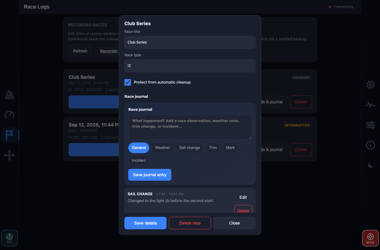 Race Logs library with race details, protection and inline journal editor