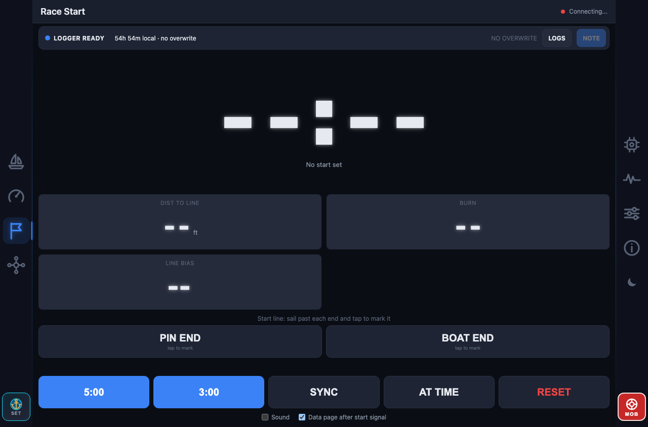 Current irons Race Start display with countdown, line tools and recorder status