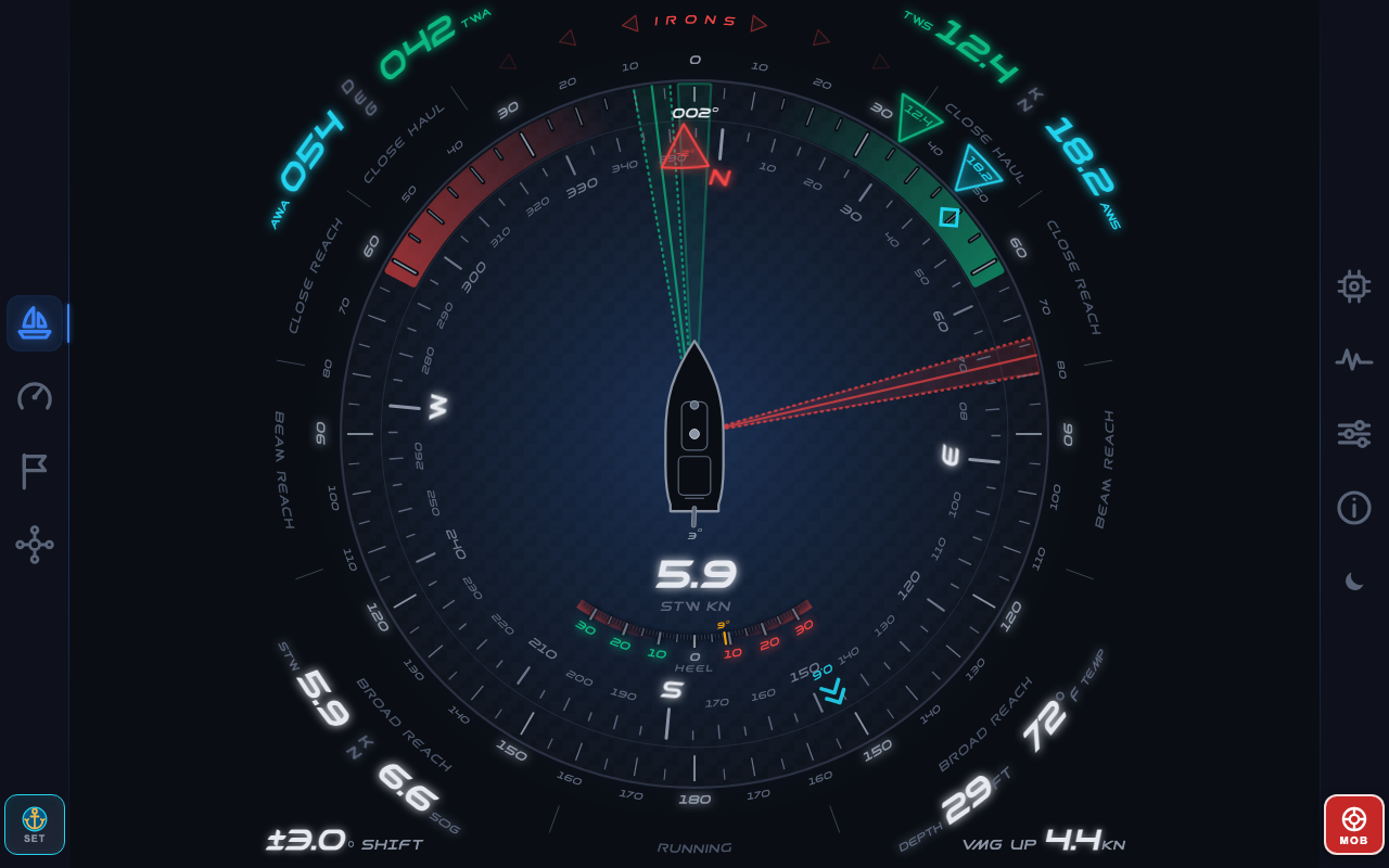 Current irons sailing instrument display in its dark theme